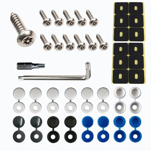 Anti Diebstahl Kennzeichen Schrauben Fitting Kit, M5 Edelstahl Auto Nummernschild Schrauben und Kappen Set - Inklusive schwarz, weiß und blau Kunststoff Scharnierkappen für Autos und Motorräder