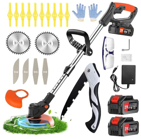 Decespugliatore a Batteria， 21V Tagliabordi a Batteria, Decespugliatore Elettrico con 2 2.0Ah Batterie e 3 Tipi di Lame, Altezza regolabile e testa girevole a 90°Per Il Taglio Di Giardini
