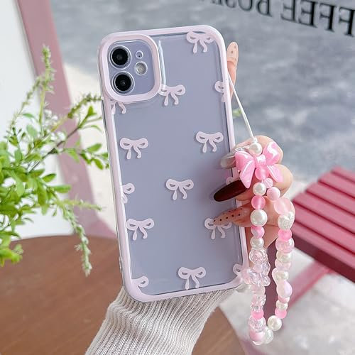 ZTUOK Compatible with iPhone 11 Case for Women Girls,Cute Ribbon Bowknot Pattern Soft TPU Shockproof Protective Phone Case with Pearl Chain Clear Protection Cover for iPhone 11-Pink