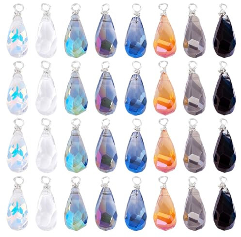 PH PandaHall 32 colgantes de cristal de lágrima facetada, 8 colores, colgantes envueltos en alambre para collares, pulseras, pendientes, joyería, 28 ~ 30 mm, Vidrio