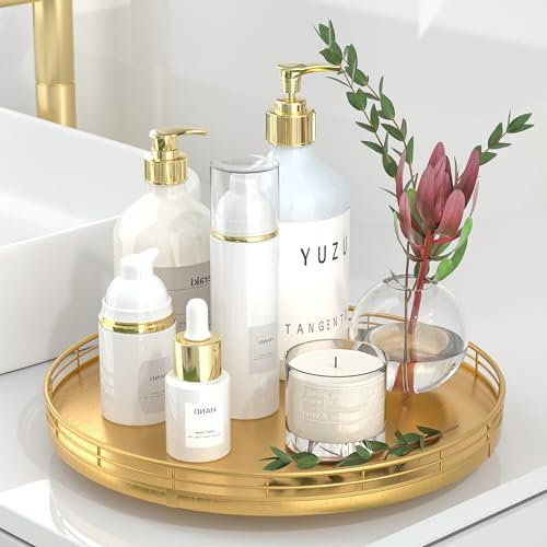 12 Gold Lazy Susan for Table Top, Oak Wood Lazy Susan Turntable Organizer for Dining Coffee Table Centerpiece Bar Decor Kitchen Countertop Bathroom Vanity Decorative Tray for Perfume Jewelry Round