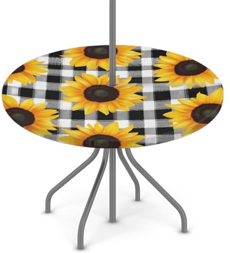 Mexpekil Outdoor-Tischdecke mit Schirmloch und Reißverschluss, Sonnenblumen-Plaid, wasserdicht, rund, elastisch, für Terrasse, Garten, 91,4–111,8 cm
