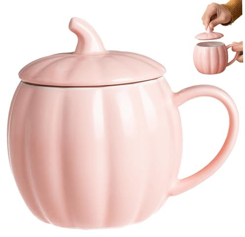 Nyutcwe Taza de calabaza con tapa Halloween Cazas 400 ml de copa de calabaza de cerámica con asa, taza de Halloween para agua, café, bebidas de leche (estilo 2)