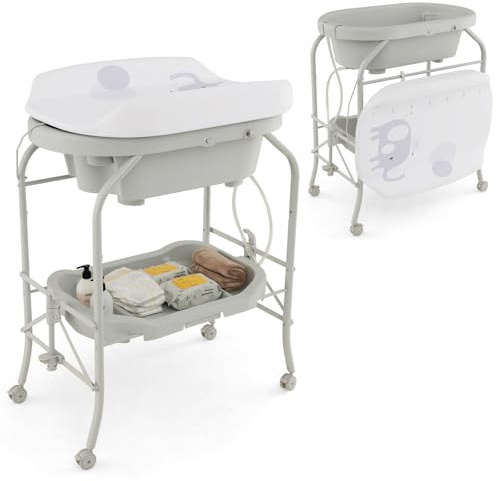 Baby Bathtub with Changing Table, Foldable Infant Diaper Changing Station with Storage Tray, Waterproof Pad, Portable Newborn Nursery Organizer Bath Stand with 4 Universal Wheels (Light Grey)