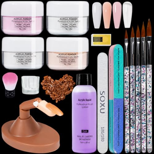 Acryl Nägel Starterset: CENBEII 4 Farbiges 30G Acrylpulver für Nägel - Kleine Nagellampe mit 75ml Monomer für Acryl Pulver Nails - Übungshand für Nageldesign mit 100 Nageltips für Gelverlängerungen