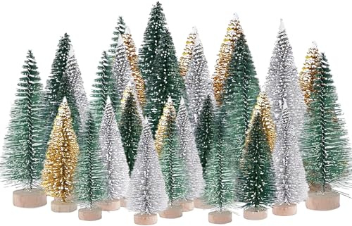 Fairblo 32Pcs Mini Christmas Tree Bottle Brush Trees Snow Frosted Sisal Tree Miniature Artificial Christmas Trees with Wooden Bases Mini Ornaments Tabletop Tree for DIY Crafts Xmas Table Decor 4 Color