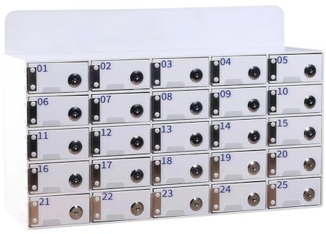 Armario de Almacenamiento para Teléfono Móvil, 25 Compartimentos Acrílico Caja Almacenamiento Personal, Montado en la Pared Cabine Téléphonique con Cerradura y Puerto de Carga para Escuelas, Oficinas