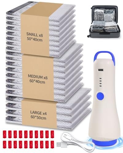 Airminti Sac Sous Vide Vetement Aspirateur avec Pompe à Vide Sans Fil, 20+2 Pièces sac sous vide Réutilisables (8 x 40 x 50 cm, 8 x 40 x 60 cm, 4 x 60 x 50 cm, +2 x30x40cm) pour Vêtements