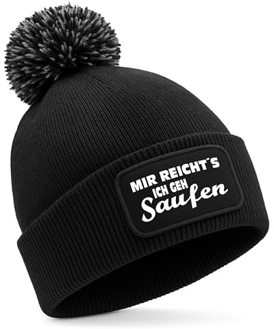 STATEMENT HQ Unisex Beanie Mütze schwarz mit Bommel & Spruch | Mir reicht´s. Ich GEH Saufen. | Lustige Wintermütze für Männer & Frauen | Warm & bequem, doppellagiger Rippstrick