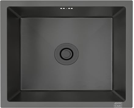 ANW HOME Spülbecken Küche 1 Becken 49x44 cm, Schwarz | Einbau/Unterbau, Nano-Beschichtung, Stärke 3,0/1 mm, Mit Siphon