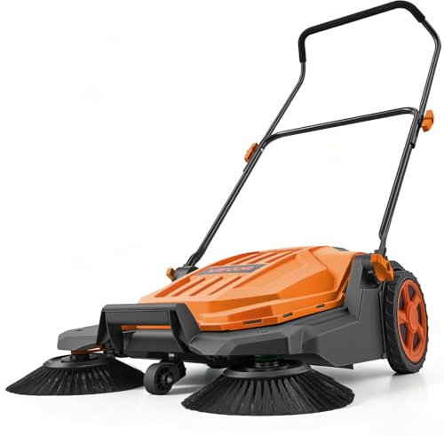 VEVOR Walk-Behind Hand Push Floor Sweeper, Manual Floor Sweeper Non-Electric with 25.6 Sweeping Width, 5 Gallons Waste Container & Adjustable Folding Handle for Yards Walkways Patios Garages - Orange