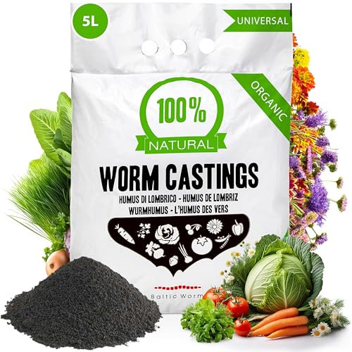 Baltic Worm Worm Castings 5 Liter - Pure Multipurpose Fertiliser Vermicompost - Natural Top Soil Builder and Improver Plant Feed for Potting Germination Growing