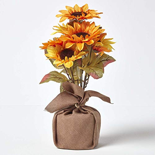 HOMESCAPES Yellow and Golden Artificial Sunflower Arrangement in Rustic Burlap Vase 40 cm Faux Decorative Flowers for Indoor Decoration