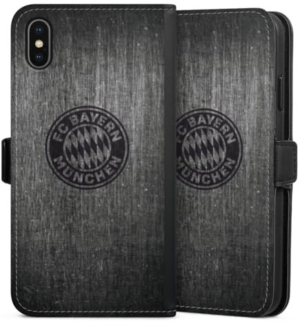 Klapphülle kompatibel mit Apple iPhone XS Max Handyhülle aus Kunst Leder schwarz Flip Case Metallic Look FCB FC Bayern München