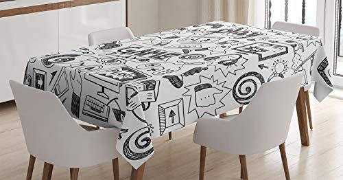 ABAKUHAUS Videojuegos Mantele, Boceto Estilo de Juego, Resistente al Agua Apto Uso Exterior e Interior No Destiñen, 140 x 200 cm, Blanco Negro