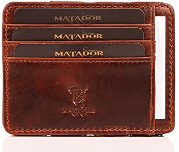 MATADOR Magic Slim Wallet Herren Leder Kreditkartenetui mit Münzfach | Karten Geldbeutel Geldtasche Portemonnaie Herren RFID Schutz & Geschenk-Box | Mini Wallet Kartengeldbeutel Männer Vintage Braun
