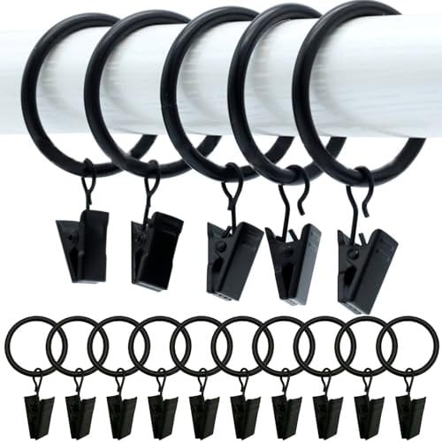 BetterJonny 50pcs Strong Metal Curtain Rings with Clips, 32mm Internal Diameter, Black
