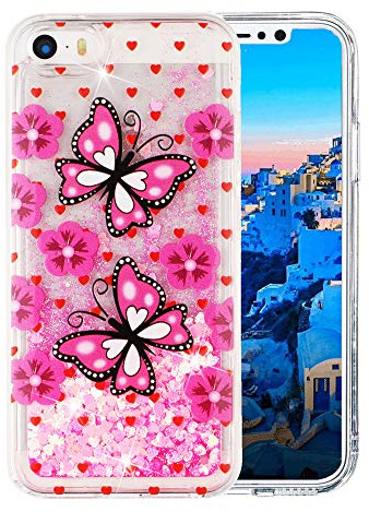 COTDINFOR iPhone 5S Case Liquid Glitter Cute Clear Sparkle Moving Quicksand Protective Cover Shockproof Soft Silicone Phone Case for iPhone 5 / 5S / SE Flower Butterflies XYLS.