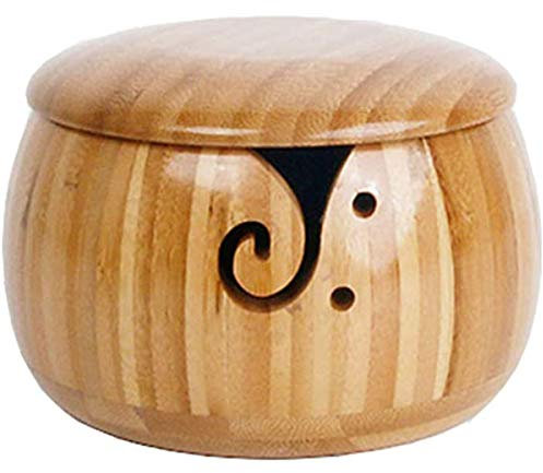 MKNZOME 6.3 Inches Handmade Wooden Yarn Bowl with Lid Crafted Portable Yarn Storage Bowl Wool Holder Knitting Crochet Accessories for Crochet Knitting Home Decor