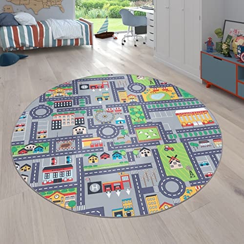 Paco Home Teppich Kinderzimmer Kinderteppich Spielteppich Straßenteppich rutschfest Mädchen Jungs, Grösse:160 cm Rund, Farbe:Grau 3