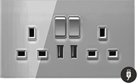 Sardini Home Full Glass Grigio Grey Tempered Glass UK 3-pin 13A Double Switched 2 Gang Plug Wall Socket with 2.1A USB Fast-Charging Charger Port (Updated Model)