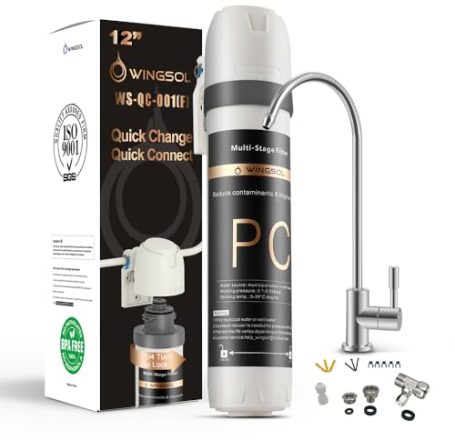 Wingsol Filtro de agua para debajo del fregadero con grifo NSF/ANSI 42, reduce el 99.99% de cloro, olor, óxido, sedimentos, galón 4K de larga duración y alto flujo de 1.3 GPM, cambio rápido, conexión