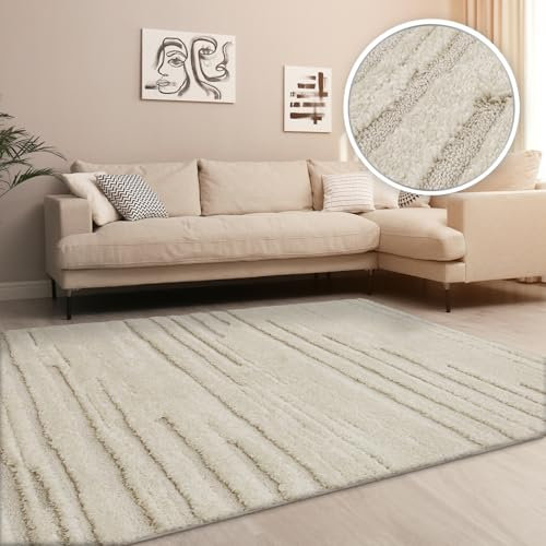 TT Home Wohnzimmer Teppich Hochflor Langflor Schlafzimmer Boho Design 3D Design Skandi Design Modern Unifarben, Farbe: Beige 5, Größe:80x150 cm