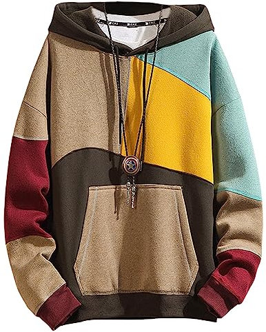 Covisoty Sweat Homme à Capuche Patchwork Sweatshirt Pull de Manches Longues Poche Kangourou Kaki 3XL