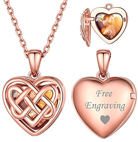 ChicSilver Rose Gold Celtic Knot Heart Locket Pendant for Women Irish Engraved Photo Necklace for Wife