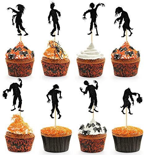 32 PCS Halloween Zombie Cupcake Toppers, Black Glitter Zombie Cupcake Picks, Halloween Baby Shower Decorations for Boys and Girls, Halloween Birthday Decorations, Horror Theme Zombie Cupcake Topper
