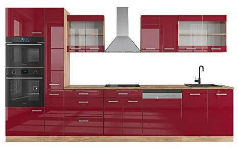 Vicco Küchenzeile R-Line, Bordeaux Hochglanz/Eiche Gold, 350 cm mit Hochschrank, ohne Arbeitsplatte