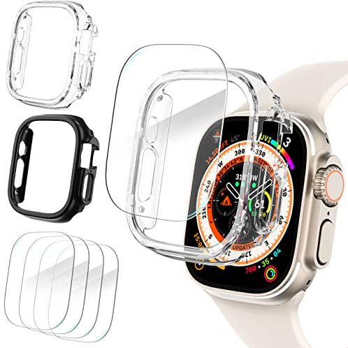 KADES Kompatibel für Apple Watch Ultra 2/Ultra Displayschutzfolie 49mm,【2+4】 2 Hard PC Bumper Schutzhülle und 4HD gehärtete Displayschutzfolie für iWatch Ultra 2/Ultra Hülle 49mm,Schwarz/Klar