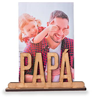 Made in Gift Marco de Madera con la Palabra Papá Grabada en Relieve 3D Personalizado con Fotografía o Imagen Impresa a Color sobre el Soporte para Fotos como Regalo Original para el Día del Padre
