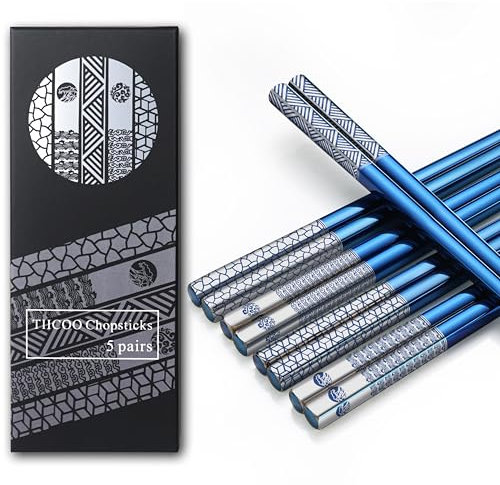 Palillos metálicos reutilizables palillos de acero inoxidable18/8 tallas láser palillos de titanio de alta calidad lavavajillas palillos japoneses y coreanos palillos 5 pares juegos de regalos (Azul)