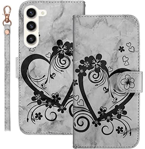 Jeffene Handyhülle für Samsung Galaxy S23 (6.1 Zoll) Hülle,Blume Liebe Herz Muster Marmor PU Leder Tasche Flip Case Cover Etui Brieftasche Schutzhülle Lederhülle Klapphülle-Schwarz