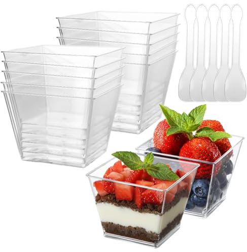 AKOLAFE 100 Stück Dessertgläser Plastik 100ml Dessertschalen Klare Wiederverwendbar Dessertbecher Plastik Quadratischer Desserttassen für Pudding Eiscreme Mousse Geburtstag Hochzeiten
