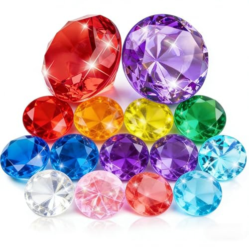 MARFOREVER 15-teiliges großes Tauch-Pool-Spielzeug – 2 extra große 60 mm Diamanten und 13 bunte 40 mm große Acryl-Diamant-Pool-Edelstein-Set, Sommer, Schwimmen, Party, Gastgeschenke