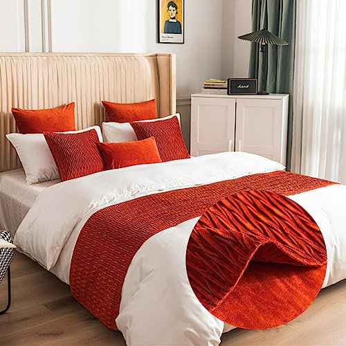 Morbuy Bettläufer und Kissen Bezug, Reversibel Bettschal für den Fuß des Bettes Luxus Weicher Bettlaufer Schlafzimmer für Hotel Gästehaus Schlafzimme (45x210cm (Jacquard-Bettläufer),Orange)