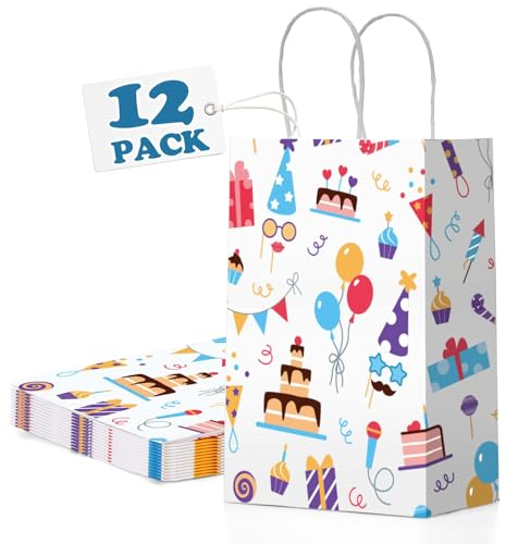 Switory Geschenktüten 12 Stück Party Papiertüten, Weiß Klein Papiertüten mit Henkel zum Mitgebsel Geburtstag, Kindergeburtstag, Geschenken, Party 15x8x21CM