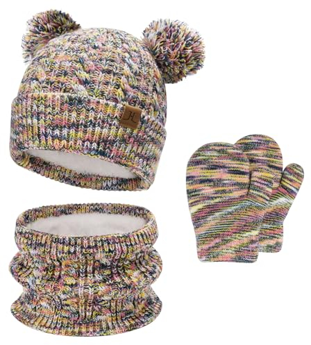 Kinder Winter Mütze Loop Schal Handschuhe Set, Pompom Wintermütze Strickmütze Schlauchschal Fäustlinge für 0 6 12 18 Monate Baby Kleinkinder 0-4 Jahre Mädchen Jungen, Gelb