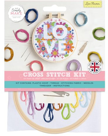 Simply Make Cross Stitch Kit, Love Flowers, Multicoloured, Single Craft Kit, Cross Stitch Kits for Adults, Sewing Kit and Embroidery Kit for Home Crafts, Embroidery Threads Included
