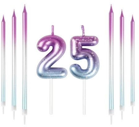 Mciskin 25th Birthday Number Kerzen Dekorationen Bunte 25 Kerze mit Rosa Lila Lange Kerzen Kuchen Kerzen Kuchen Topper Dekorationen für Jungen Mädchen Männer Frauen Geburtstagsfeier Hochzeit Jubiläum