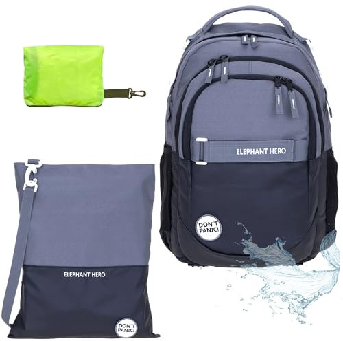 Schulrucksack Jungen Mädchen ab 3. Klasse Schule Tasche Brustgurt Schultasche Rucksack mit Sportbeutel Attach Bag und Regenhülle Premium 3 Teile Set Auswahl rtp (Color Block Schwarz Athrazit 13047)