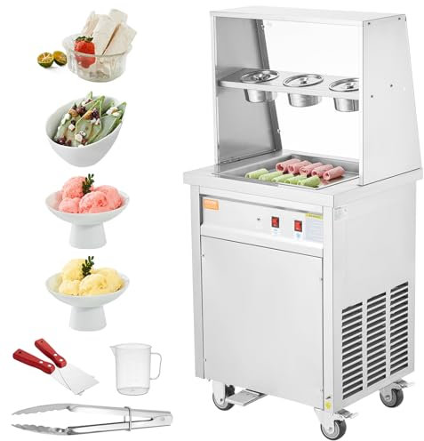 VEVOR Máquina de Hielo Enrollado 35x35x3,5 cm Plancha de Hielo Enrollado Comercial de Acero Inoxidable Máquina de Laminación de Hielo con Compresor y 2 Raspadores para Bares Cafeterías Confiterías