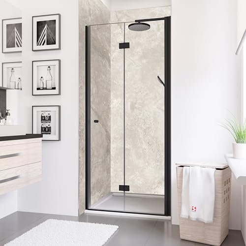 Schulte porte de douche pivotante-pliante 80 x 192 cm en niche, profilé noir, verre de sécurité 5 mm transparent anticalcaire, plage de réglage 78.3-80.9 cm, largeur d'accès 70 cm
