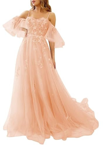 Generico Abiti da Ballo in Tulle con Spalle Scoperte per Adolescenti Abiti Formali con Applicazioni in Pizzo Abiti da Sera Formali con Spalline Sottili E Linea Ad A Rose Gold XL