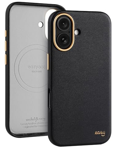EasyAcc für iPhone 16 Hülle Leder, kompatibel mit MagSafe, Schmutzabweisend, Kratzfest, Metalltasten, Luxus-Handyhülle für iPhone 16 Case, Stoßfest, Fallschutz, Schwarz-Gold