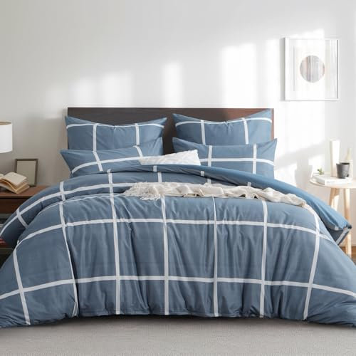 RUIKASI Bettwäsche 200x200 3 teilig Denimblau - Bettbezug 200 x 200 Set mit Karo Muster, Bettwäsche-Sets 200x200cm aus Mikrofaser mit Reißverschluss Weich und Bügelfrei