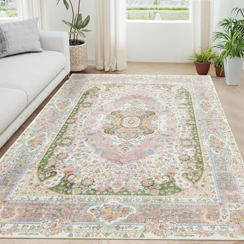 Castage 5x7 Bereich Teppiche Waschbar, Rosa Teppich für Wohnzimmer Schlafzimmer Küche, Großer Boho Vintage Böhmischer Distressed Teppich rutschfest, Blush Grün