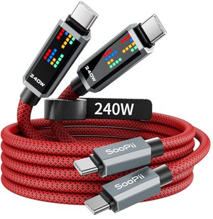 SOOPII Cavo di ricarica USB C PD 240W,2m,2pezzi, Rosso | ricarica superveloce con 3 effetti Chase LED display, cavo di ricarica USBC a USB C per iPhone 16/15, MacBook, iPad